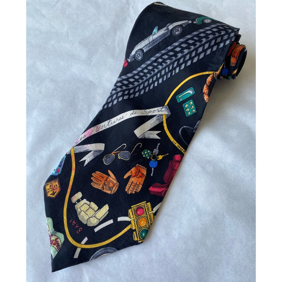 Nicole Miller Men's Tie Vintage 1993 100% Silk Hand Sewn SportsCars Driving 55" - Picture 1 of 8